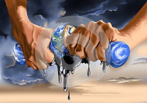 Hands wringing oil from globe