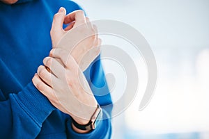 Hands, wrist pain or woman with injury after fitness exercise, sports training or workout accident. Closeup, injured