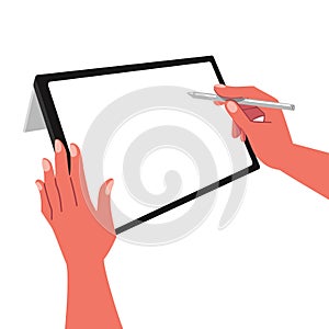 Hands writing, drawing, painting on blank tablet with stylus pen for digital painting, graphic design or lecture flat vector illus