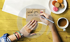 Hands Writing Postcard Travel Fruits Concept