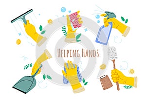 Hands in yellow gloves holding a cleanings tools toilet brush, sponge,windows spray, domestic,windows cleanser, scraper.