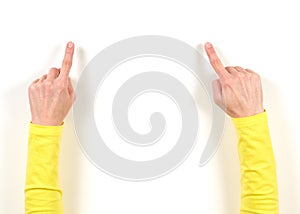 Hands in yellow jacket and gestures