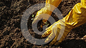 Hands in yellow protective gloves planting a tree in the soil.