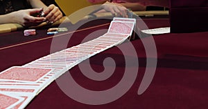 Hands of a young caucasian man playing poker in a casino. Close up of female hands with red cards.