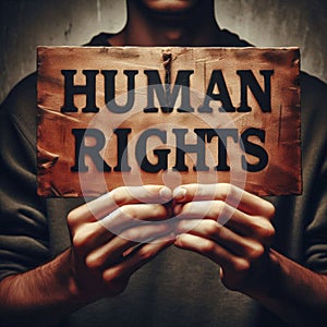 Hands of a young man holding Human Rights sign, dramatic closeup with strong message