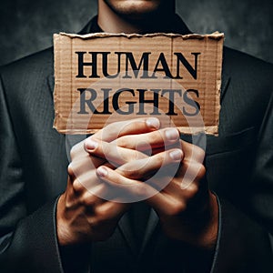 Hands of a young man holding Human Rights sign, dramatic closeup with strong message
