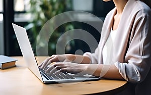 Hands of young woman in suit using laptop while sitting at workplace in office