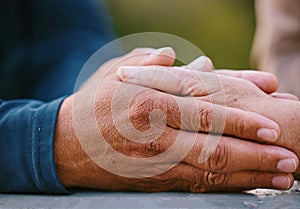 Hands zoom, support and care with trust, love and commitment with comfort outdoor. Holding hands, help and advice with