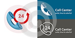 Handset, call center 24 vector flat icon. business line solid design element