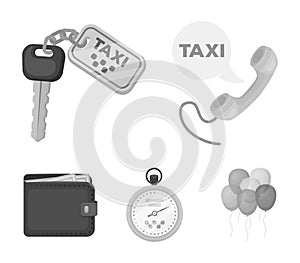 Handset with the inscription of a taxi, car keys with a key fob, a stopwatch with a fare, a purse with money, dollars