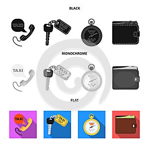 Handset with the inscription of a taxi, car keys with a key fob, a stopwatch with a fare, a purse with money, dollars