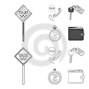 Handset with the inscription of a taxi, car keys with a key fob, a stopwatch with a fare, a purse with money, dollars