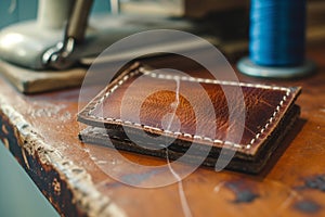 handsewing a leather wallet with waxed thread on a table