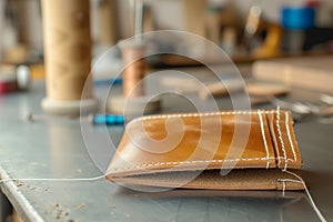 handsewing a leather wallet with waxed thread on a table