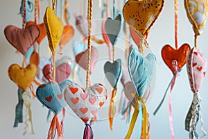 handsewn mobile with textile hearts and ribbons in nursery photo
