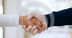 Handshake, agreement and closeup of business people in office for welcome to a new recruit or partnership. Zoom of