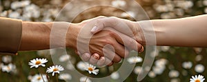 Handshake amidst a field of daisies