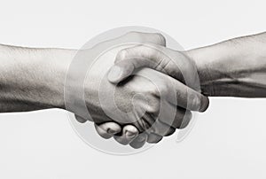 Handshake, arms friendship. Friendly handshake, friends greeting, teamwork, friendship. Close-up. Rescue, helping