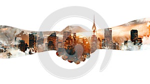 Handshake Blending Urban Skyline, Abstract Business Deal Concept, Peaceful Cityscape Merge, Modern Artistic Image for