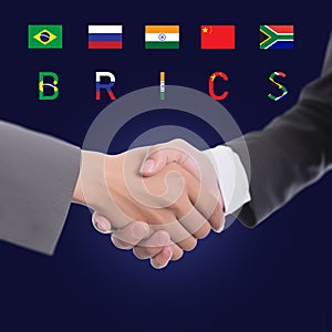 Handshake of business agreements. Concept of BRICS Union