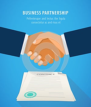 Handshake business on background of contract flat design vector illustration.