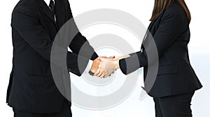 Handshake of business man and woman in strategic relationships