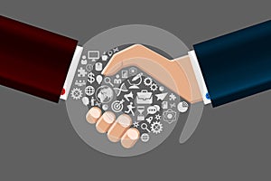 Handshake of business partners. One hand with icons. Vector