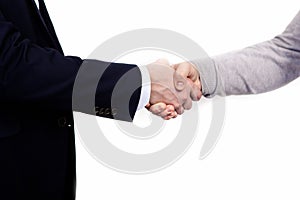 Handshake of business partners, when signing documents. Isolated on white background