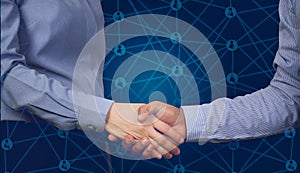 Handshake business partners with virtual contact customer and business stock market chart background, concept of business