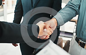 Handshake, business partnership and agreement closeup, collaboration or b2b welcome, thank you and clients meeting