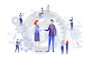 Handshake of business people. Miniature cartoon illustration vector graphic