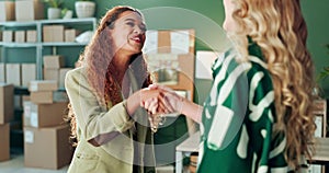 Handshake, business woman and welcome, introduction or hello greeting customer in shipping facility. Professional, b2b