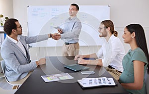 Handshake, businessman and tablet in office for presentation, job recruitment and marketing strategy. Success