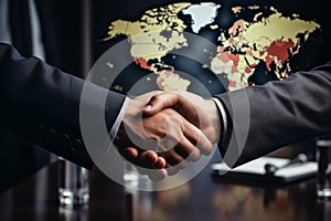 handshake of businessmen in front of the world map, concept of global business