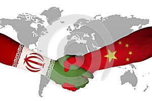 Handshake between China and Iran, nation flag on hand