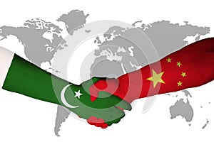 Handshake between China and Pakistan, nation flag on hand