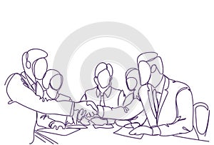 Handshake Concept Two Business Men Leaders Shaking Hands Doodle Silhouette Over Meeting Of Successful Teams