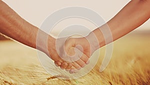 handshake contract farmers. agriculture business concept. two farmers shaking hands in a yellow wheat field signing a