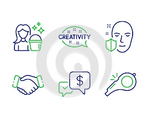 Handshake, Creativity and Cleaning icons set. Face protection, Payment received and Whistle signs. Vector
