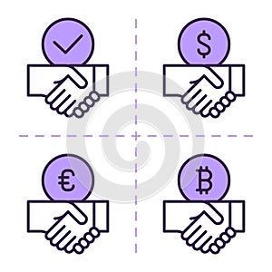 Handshake and currency signs. Two colored icons