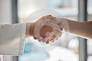 Handshake, deal and business partnership or agreement, closeup at office window. Shaking hands, thank you and a