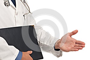 Handshake with Doctor Holding Binder