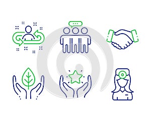 Handshake, Employees group and Ranking icons set. Fair trade, Recruitment and Oculist doctor signs. Vector