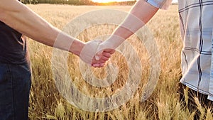 Handshake of farmers or agronomists against the background of a ripe wheat field at sunset. Slow motion