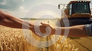 handshake of farmers in shirts against the background of a wheat field with a harvesters