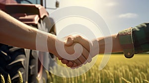 handshake of farmers in shirts against the background of a wheat field with a tractor