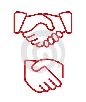 Handshake and fist bump outline icon with agreement or partnership line pictogram.