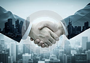 Handshake with futuristic cityscape and technology-driven business vision photo