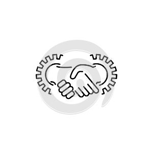 Handshake and gears vector line icon, sign, symbol. task