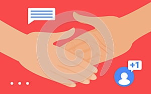 Handshake gesture, social media network, friend, follower or partner hands handshaking